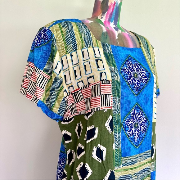 🌎VINTAGE Abstract Graphic Boho Print Blue Green Dress - Picture 3 of 8